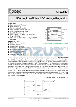 SPX3819U datasheet - 500 mA, Low-Noise LDO Voltage Regulator