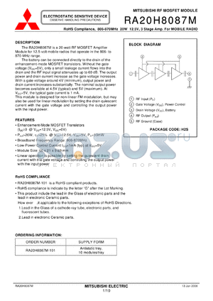 RA20H8087M-101 datasheet - RoHS Compliance, 806-870MHz 20W 12.5V, 3 Stage Amp. For MOBILE RADIO
