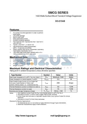 SMCG130A datasheet - 1500 Watts Surface Mount Transient Voltage Suppressor