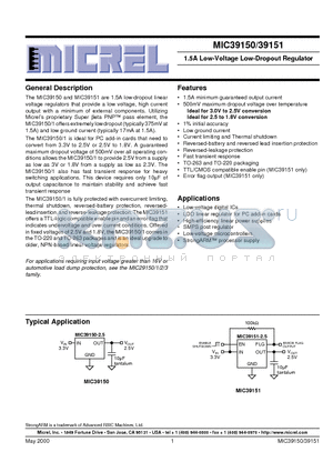 MIC39150 datasheet - 1.5A Low-Voltage Low-Dropout Regulator