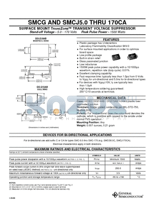 SMCG14A datasheet - SURFACE MOUNT TRANSZORB TRANSIENT VOLTAGE SUPPRESSOR