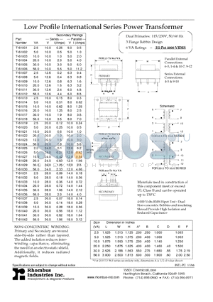 T-61011 datasheet - Low Profile International Series Power Transformer