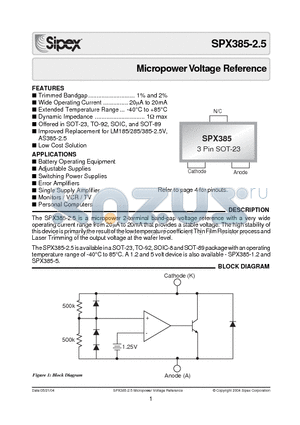SPX385N-2.5/TR datasheet - Micropower Voltage Reference