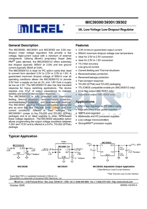 MIC39300 datasheet - 3A, Low-Voltage Low-Dropout Regulator