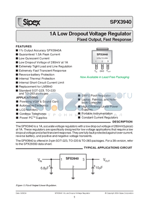 SPX3940AM3-5.0 datasheet - 1A Low Dropout Voltage Regulator Fixed Output, Fast Response