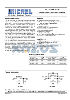 MIC39301-2.5BT datasheet - 3A Low-Voltage Low-Dropout Regulator