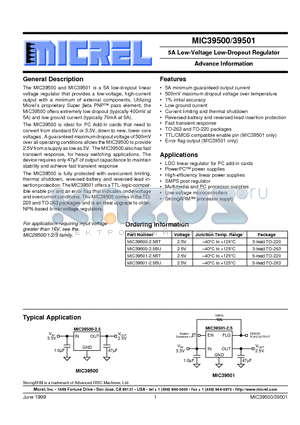MIC39501-2.5BT datasheet - 5A Low-Voltage Low-Dropout Regulator Advance Information