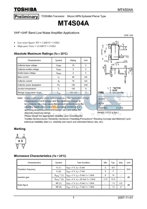 MT4S04A datasheet - VHF~UHF Band Low Noise Amplifier Applications