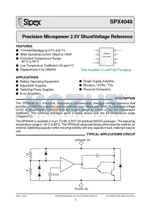 SPX4040AS-2.5 datasheet - Precision Micropower 2.5V ShuntVoltage Reference