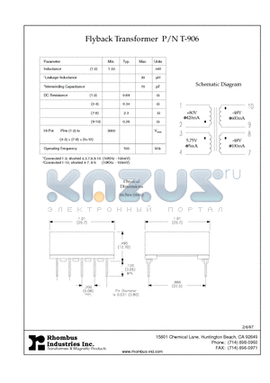 T-906 datasheet - Flyback Transformer