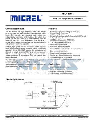 MIC4101BM datasheet - 100V Half Bridge MOSFET Drivers