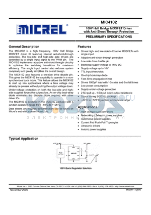 MIC4102BM datasheet - 100V Half Bridge MOSFET Driver with Anti-Shoot Through Protection PRELIMINARY SPECIFICATIONS