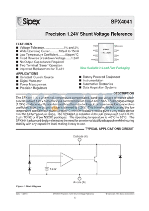 SPX4041AS/TR datasheet - Precision 1.24V Shunt Voltage Reference