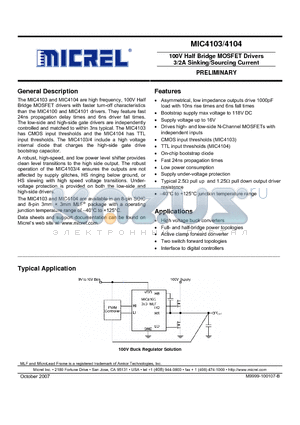 MIC4103 datasheet - 100V Half Bridge MOSFET Drivers 3/2A Sinking/Sourcing Current