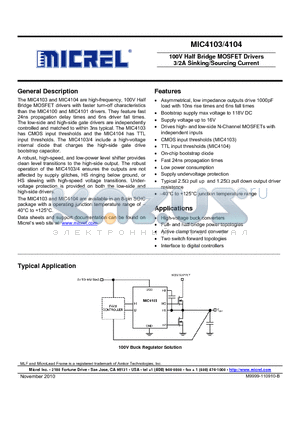 MIC4104 datasheet - 100V Half Bridge MOSFET Drivers 3/2A Sinking/Sourcing Current
