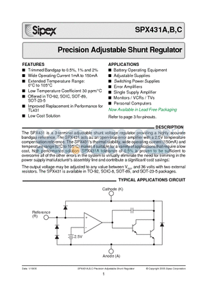 SPX431A datasheet - Precision Adjustable Shunt Regulator