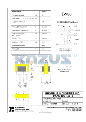 T-980 datasheet - Primary Impedance 600(W),Primary DC Resistance 49(W) nom.