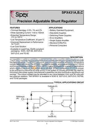 SPX431CM5 datasheet - Precision Adjustable Shunt Regulator