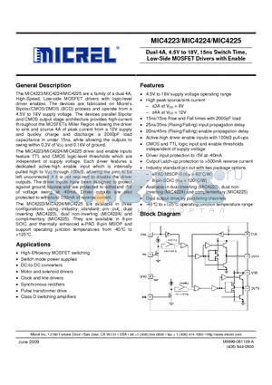 MIC4223 datasheet - Dual 4A, 4.5V to 18V, 15ns Switch Time, Low-Side MOSFET Drivers with Enable