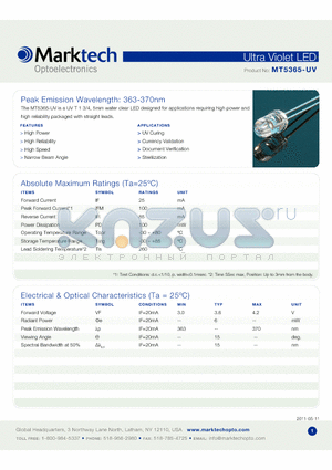 MT5365-UV_1105 datasheet - Peak Emission Wavelength: 363-370nm