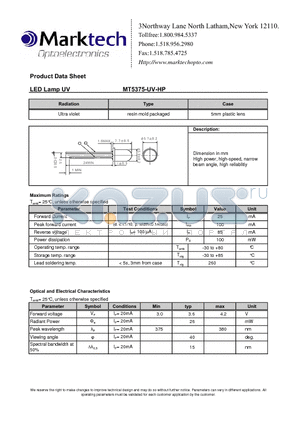 MT5375-UV-HP datasheet - Dimension in mm High power, high-speed, narrow beam angle, high reliablitiy