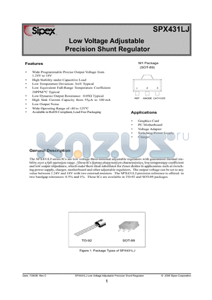 SPX431LJ datasheet - Low Voltage Adjustable Precision Shunt Regulator