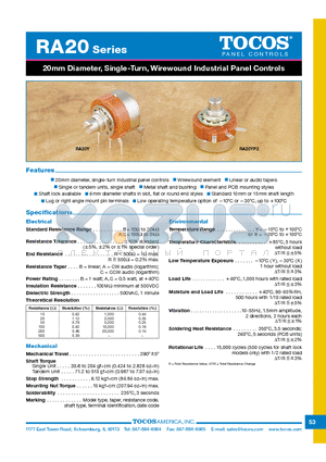 RA20XG10FB203A503201J datasheet - 20mm Diameter, Single-Turn,Wirewound Industrial Panel Controls