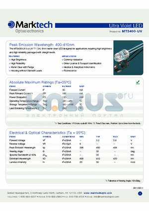 MT5400-UV datasheet - Peak Emission Wavelength: 400-410nm