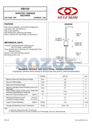 SB5150 datasheet - SCHOTTKY BARRIER RECTIFIER VOLTAGE: 150V CURRENT: 5.0A