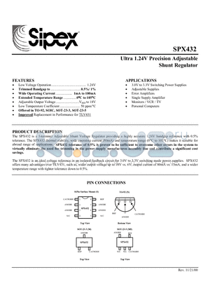 SPX432 datasheet - Ultra 1.24V Precision Adjustable Shunt Regulator