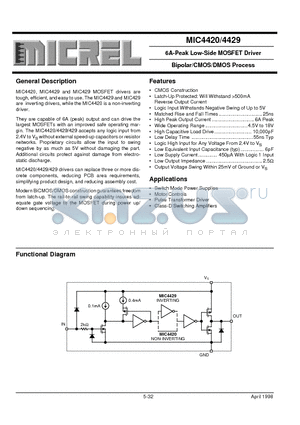 MIC4420CN datasheet - 6A-Peak Low-Side MOSFET Driver Bipolar/CMOS/DMOS Process
