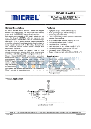 MIC4421A datasheet - 9A Peak Low-Side MOSFET Driver Bipolar/CMOS/DMOS Process