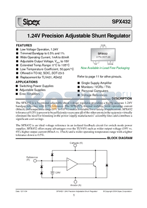 SPX432S/TR datasheet - 1.24V Precision Adjustable Shunt Regulator