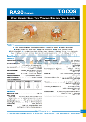 RA20XG10SB203A503201F datasheet - 20mm Diameter, Single-Turn,Wirewound Industrial Panel Controls