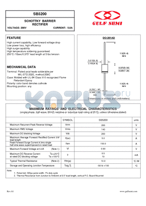 SB5200 datasheet - SCHOTTKY BARRIER RECTIFIER VOLTAGE: 200V CURRENT: 5.0A