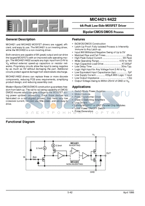 MIC4421CT datasheet - 9A-Peak Low-Side MOSFET Driver Bipolar/CMOS/DMOS Process