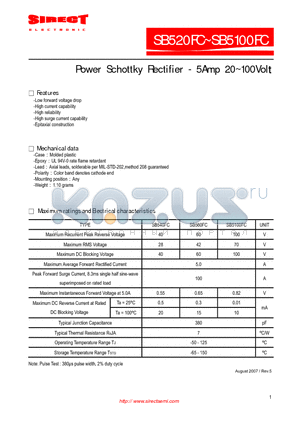 SB520FC datasheet - Power Schottky Rectifier - 5Amp 20~100Volt