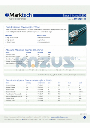 MT5720-IR datasheet - Peak Emission Wavelength: 720nm