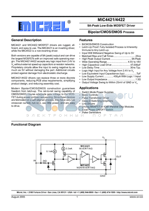 MIC4422BN datasheet - 9A-Peak Low-Side MOSFET Driver Bipolar/CMOS/DMOS Process