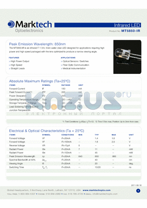 MT5850-IR datasheet - Peak Emission Wavelength: 850nm