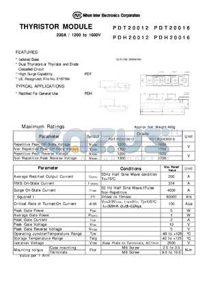 PDT20012 datasheet - THYRISTOR MODULE 200A / 1200to 1600V