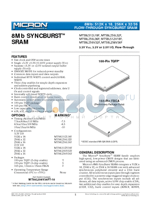 MT58L256V32F datasheet - 8Mb: 512K x 18, 256K x 32/36 FLOW-THROUGH SYNCBURST SRAM