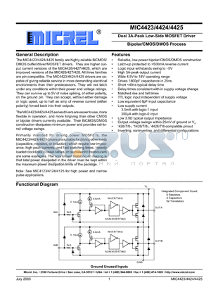 MIC4423CN datasheet - Dual 3A-Peak Low-Side MOSFET Driver Bipolar/CMOS/DMOS Process
