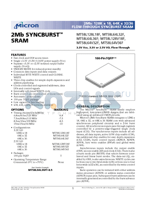 MT58L64L32FT-10 datasheet - 2Mb: 128K x 18, 64K x 32/36 FLOW-THROUGH SYNCBURST SRAM