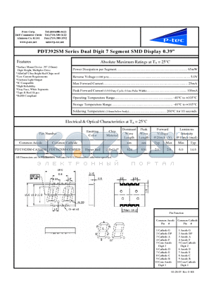 PDT392SM-CAMR09 datasheet - Dual Digit 7 Segment SMD Display 0.39