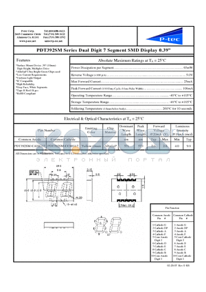 PDT392SM-CCMG17 datasheet - Dual Digit 7 Segment SMD Display 0.39