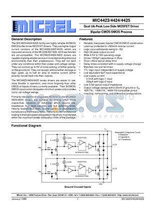 MIC4425BWM datasheet - Dual 3A-Peak Low-Side MOSFET Driver Bipolar/CMOS/DMOS Process