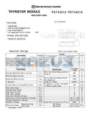 PDT40012 datasheet - THYRISTOR MODULE 400A/1200V/1600V