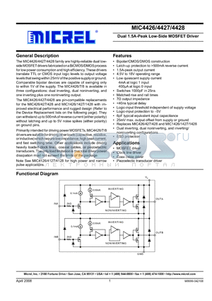 MIC4426 datasheet - Dual 1.5A-Peak Low-Side MOSFET Driver