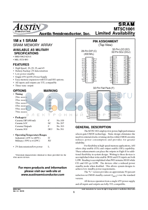 MT5C1001C-35/883C datasheet - 1M x 1 SRAM SRAM MEMORY ARRAY